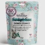 Package of beel&bear eucalyptus-esse shower steamies featuring a koala, with floral patterns and a 'proudly vegan' label.